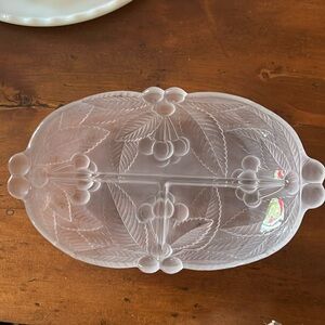 Mikasa frosted glass divided serving dish.  Bountiful cherries pattern